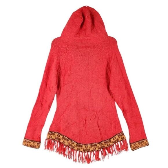 Scully Alpaca Blend Knit Sweater Womens M Orange Brown Hooded Aztec Fringe - Picture 8 of 12